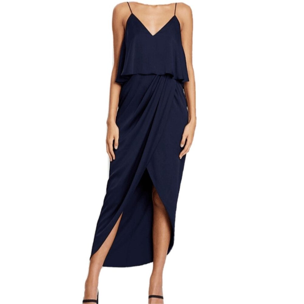 Shona Joy Luxe Draped Cocktail Frill Dress Asymmetric‎ Drape Tulip Hem Maxi 4